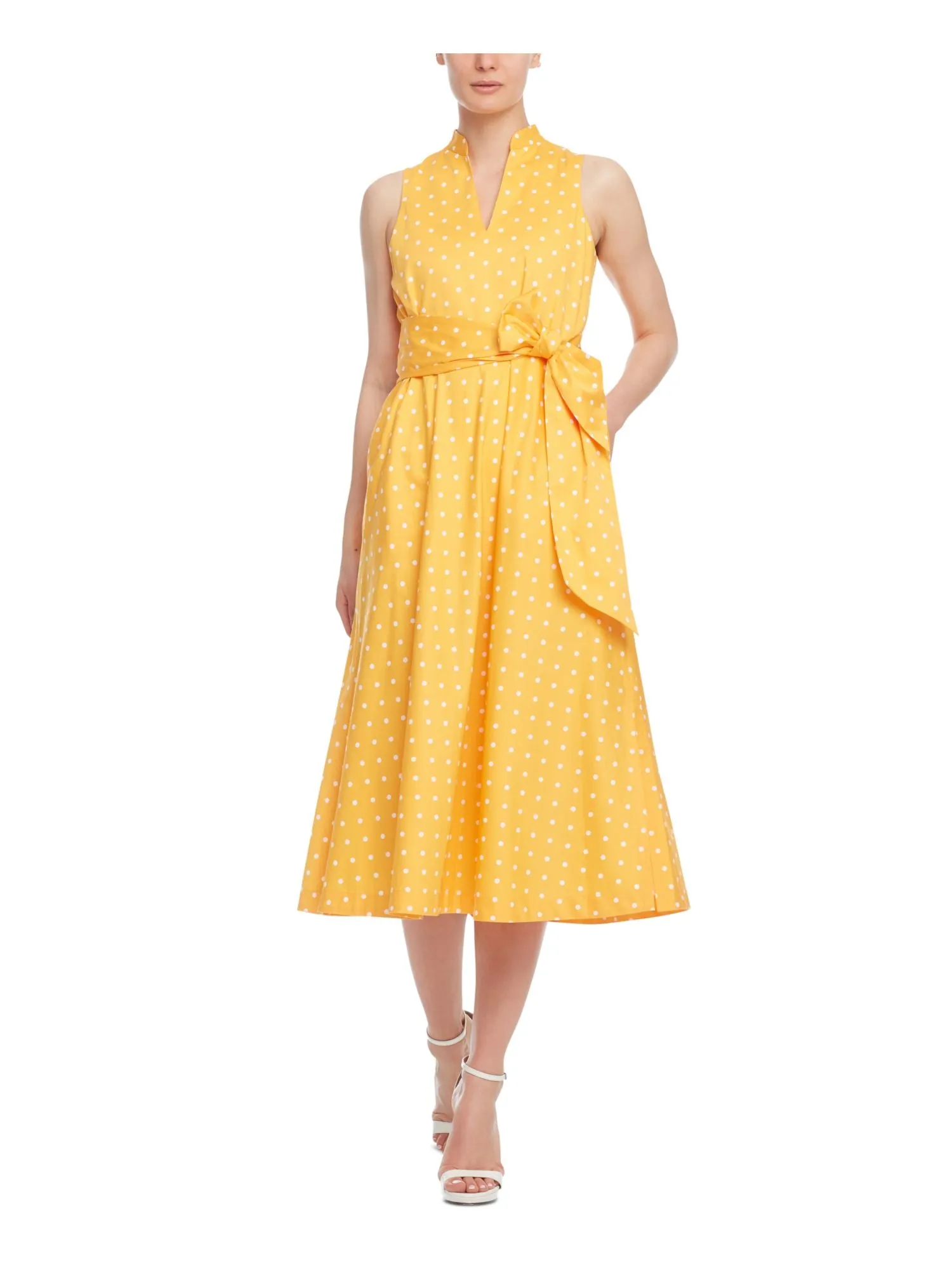 ANNE KLEIN Womens Yellow Stretch Pocketed Ruched Tie Polka Dot Sleeveless Split Midi Formal Fit   Flare Dress