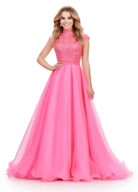 Ashley Lauren 11630 Long Prom Dress High Neck Organza Ball Gown with Cap Sleeves Formal Pageant Gown