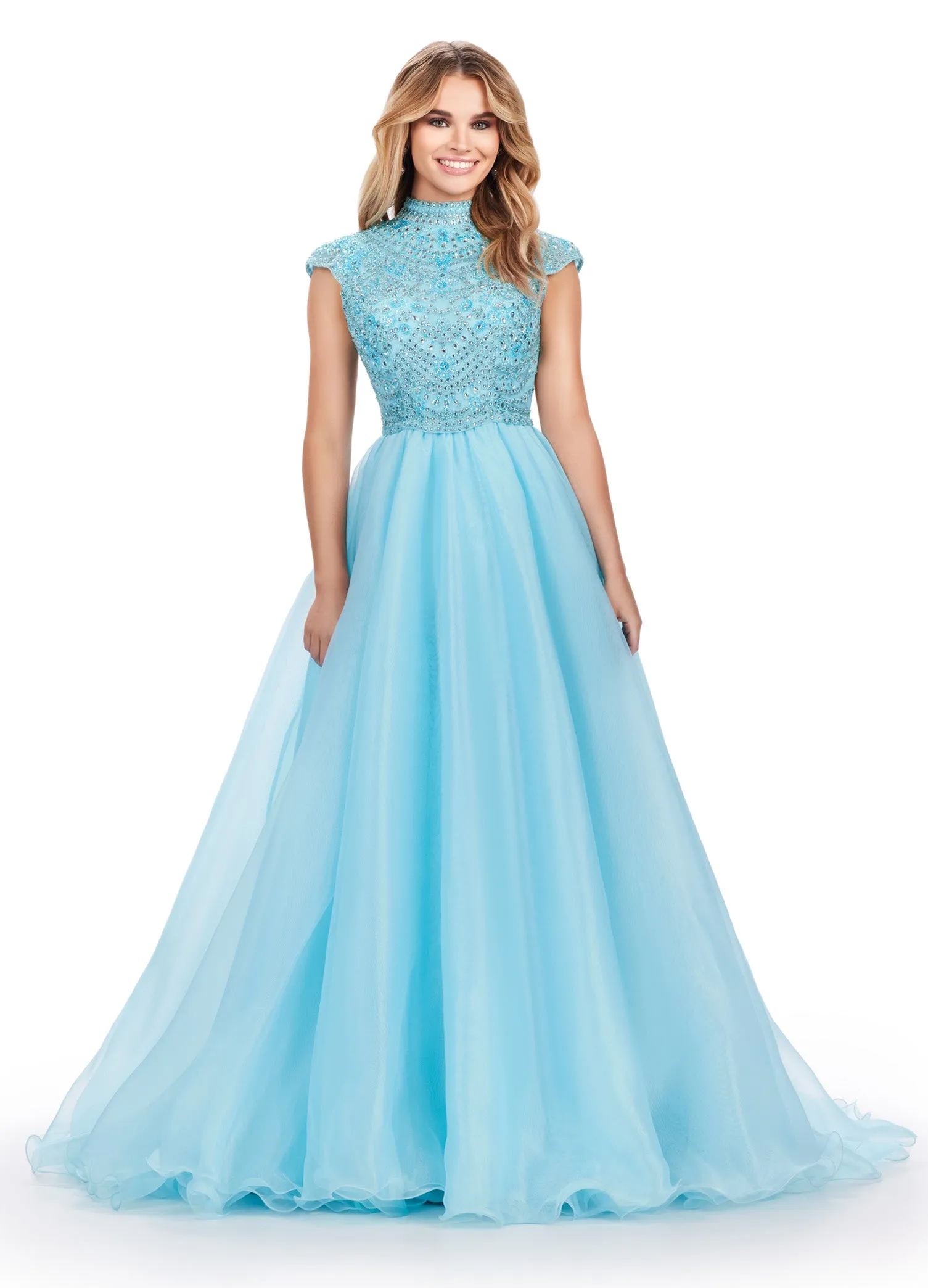 Ashley Lauren 11630 Long Prom Dress High Neck Organza Ball Gown with Cap Sleeves Formal Pageant Gown