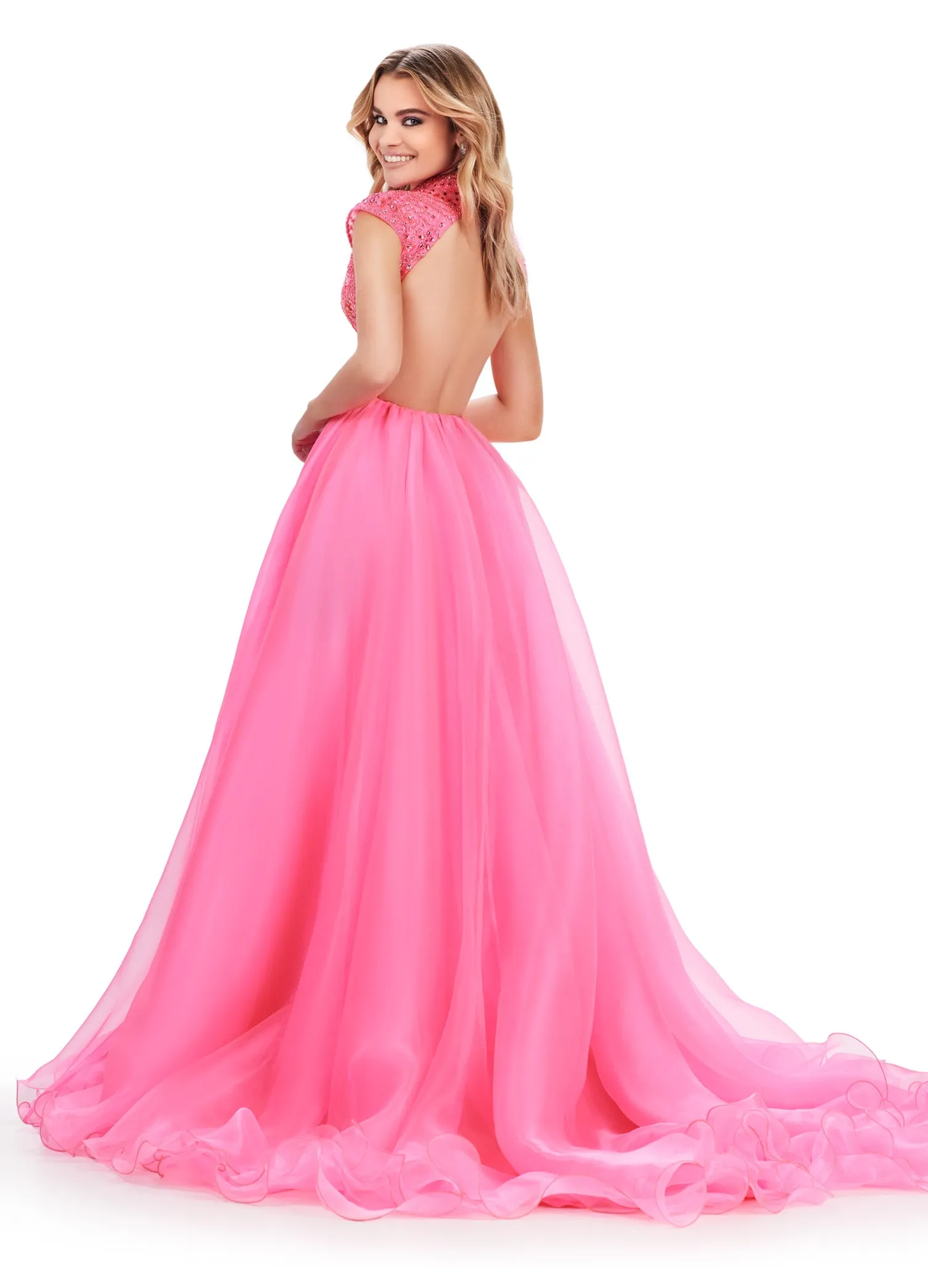 Ashley Lauren 11630 Long Prom Dress High Neck Organza Ball Gown with Cap Sleeves Formal Pageant Gown