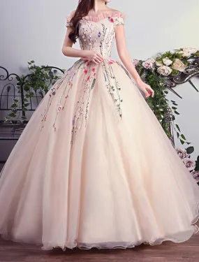 Ball Gown Prom Dresses Luxurious Dress Quinceanera Prom Floor Length Short Sleeve Off Shoulder Tulle with Pleats Embroidery