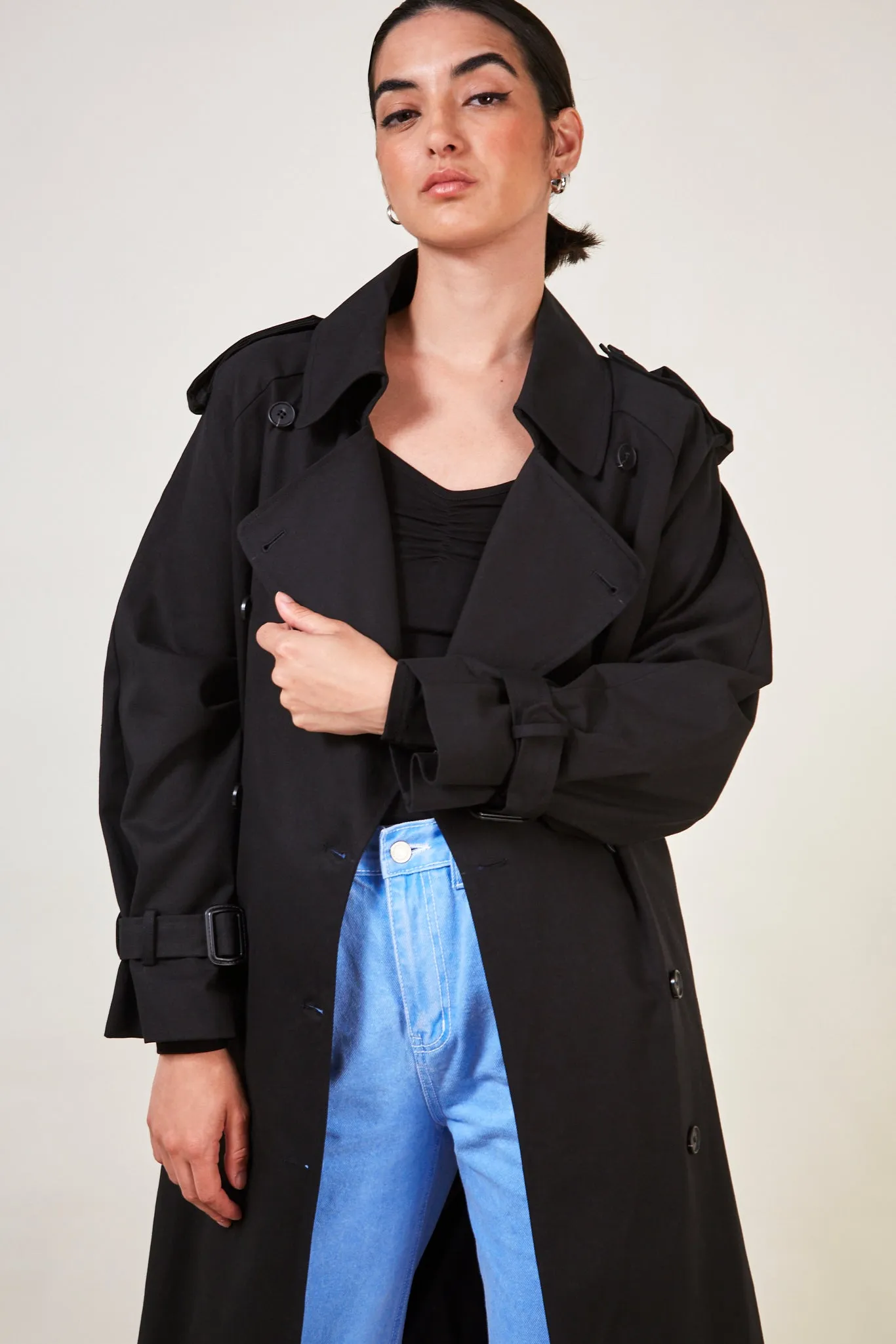 Black classic double breasted trench coat