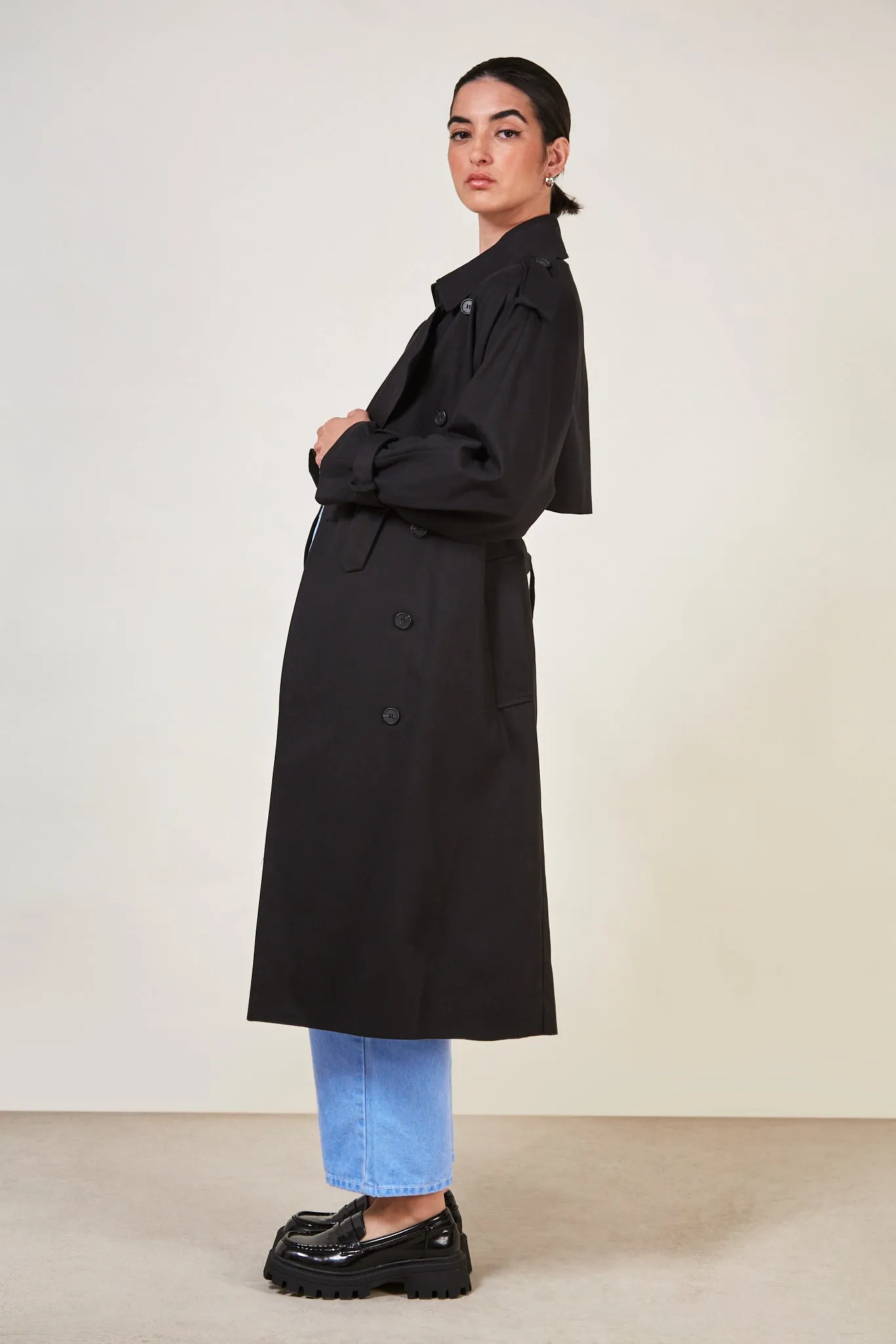 Black classic double breasted trench coat