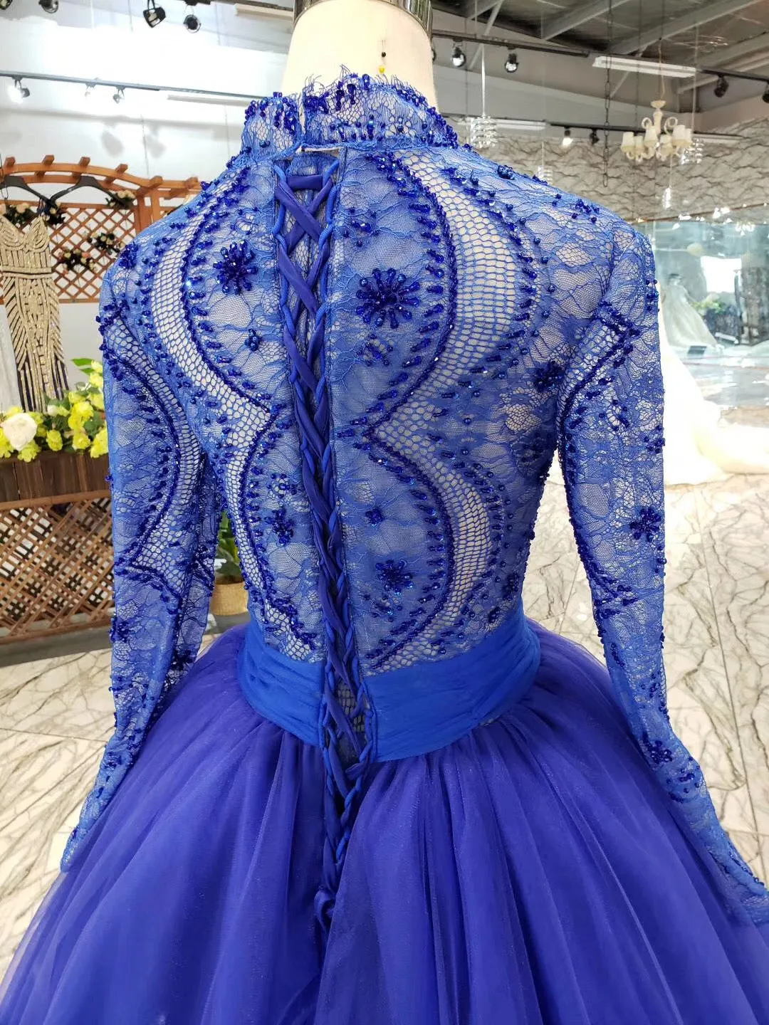 Blue Long Sleeves V Neck Tulle Prom Dresses with Beading