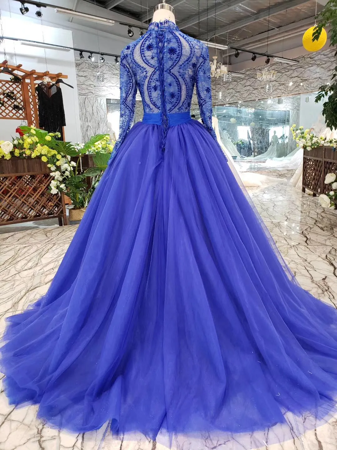 Blue Long Sleeves V Neck Tulle Prom Dresses with Beading