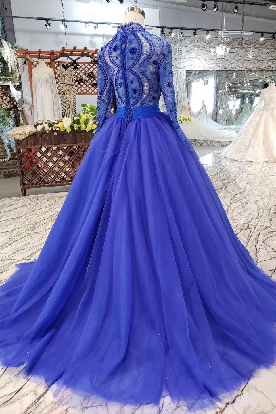 Blue Long Sleeves V Neck Tulle Prom Dresses with Beading