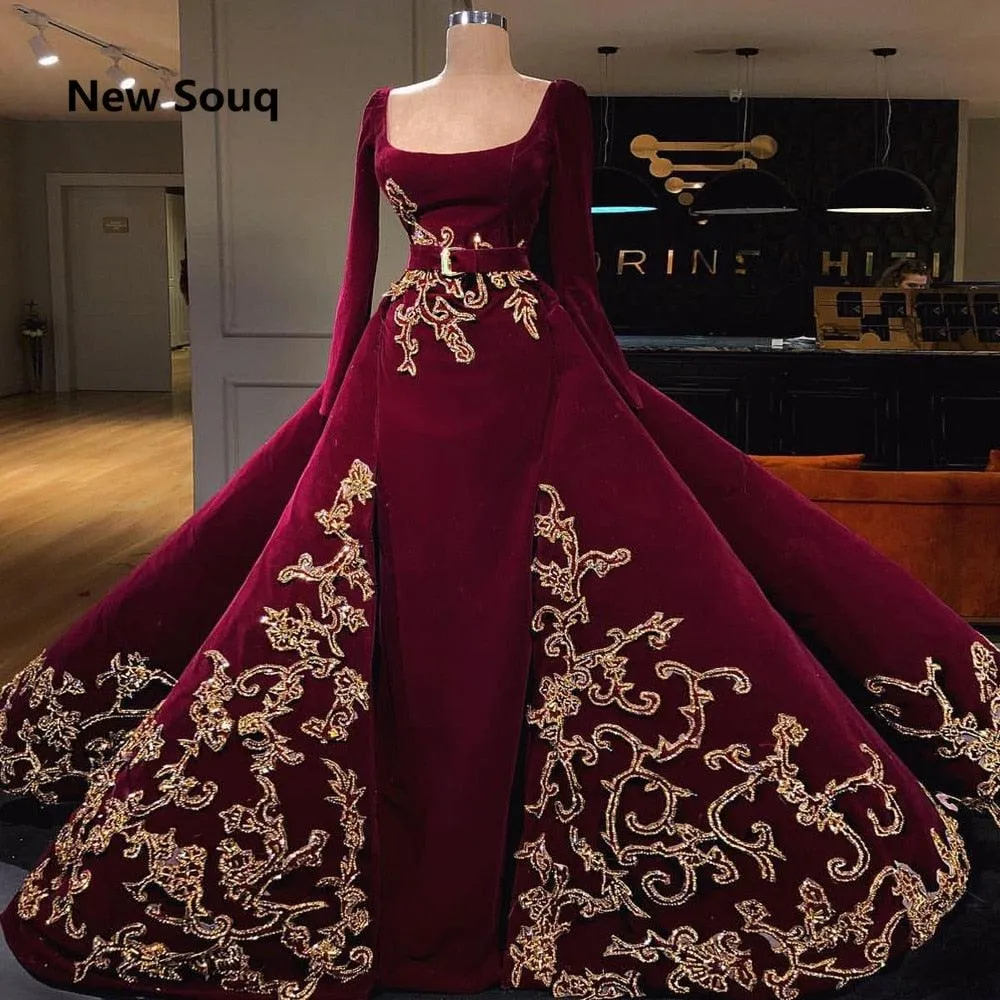 Burgundy Long Sleeves Muslim Evening Dress With Detachable Skirt