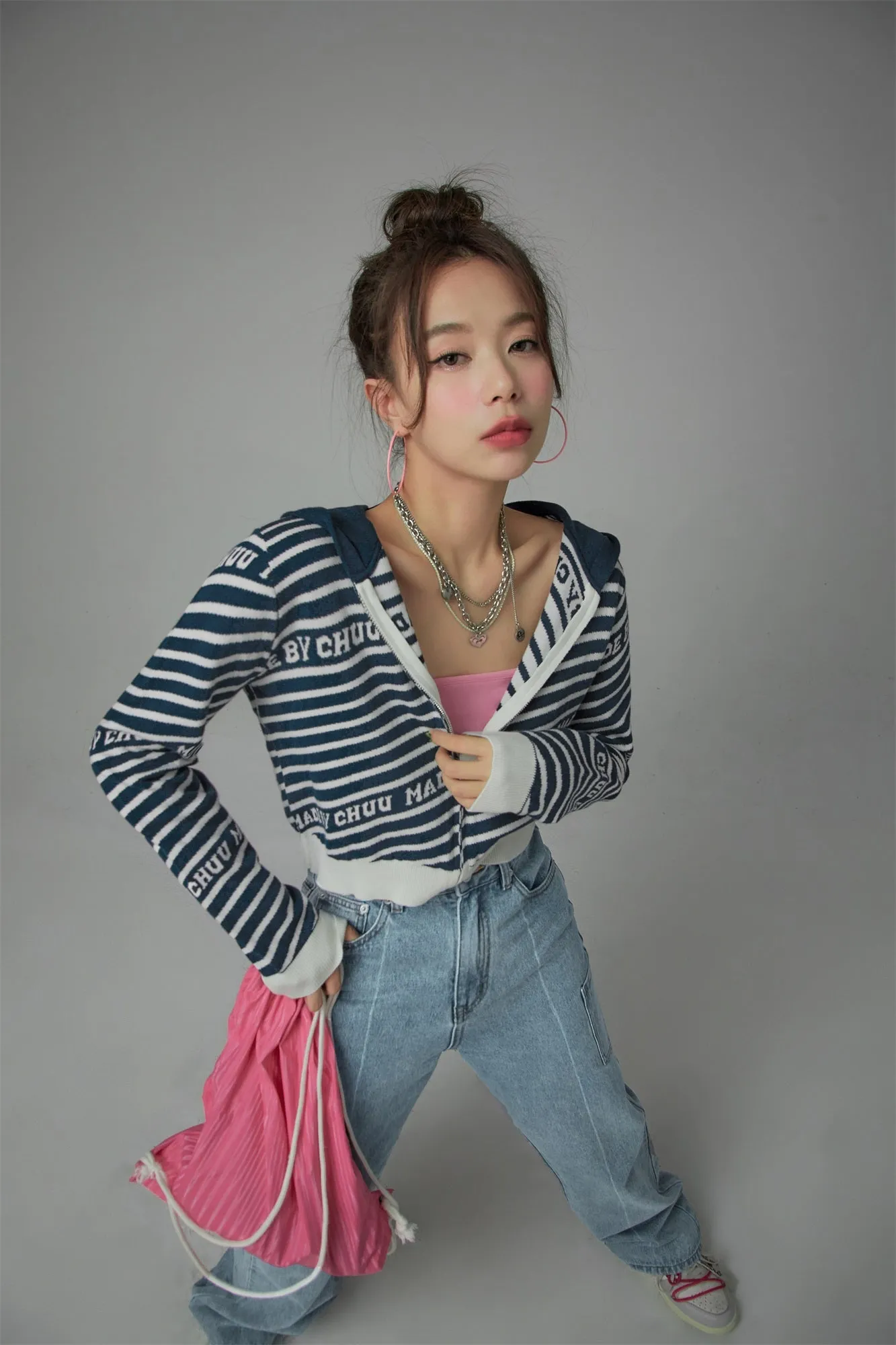 Candy Cane Striped Knit Cropped Outer Hoodie