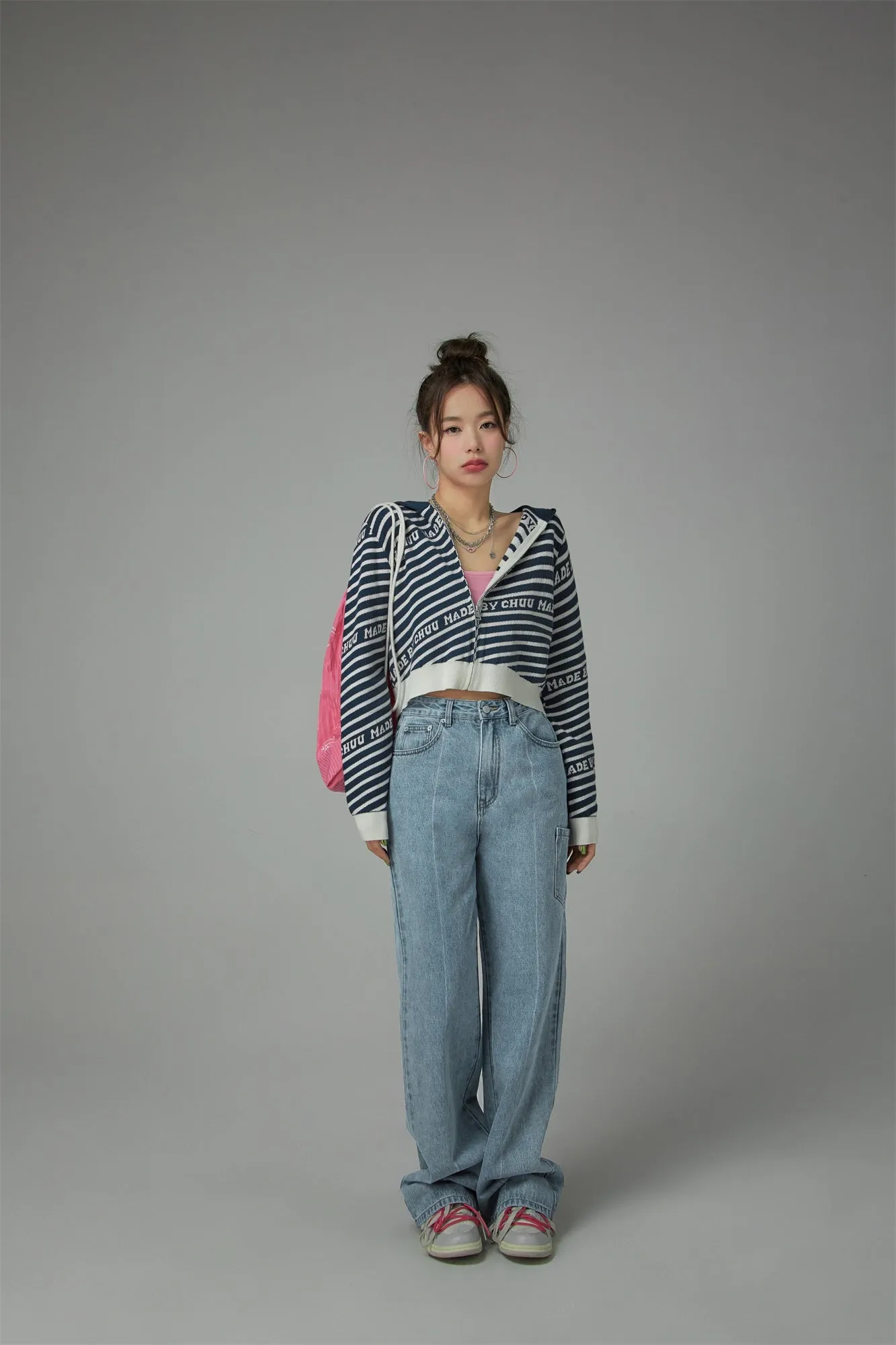 Candy Cane Striped Knit Cropped Outer Hoodie