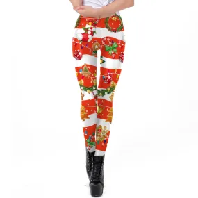 Christmas Party Print Women Mid Waist Skinny Leggings