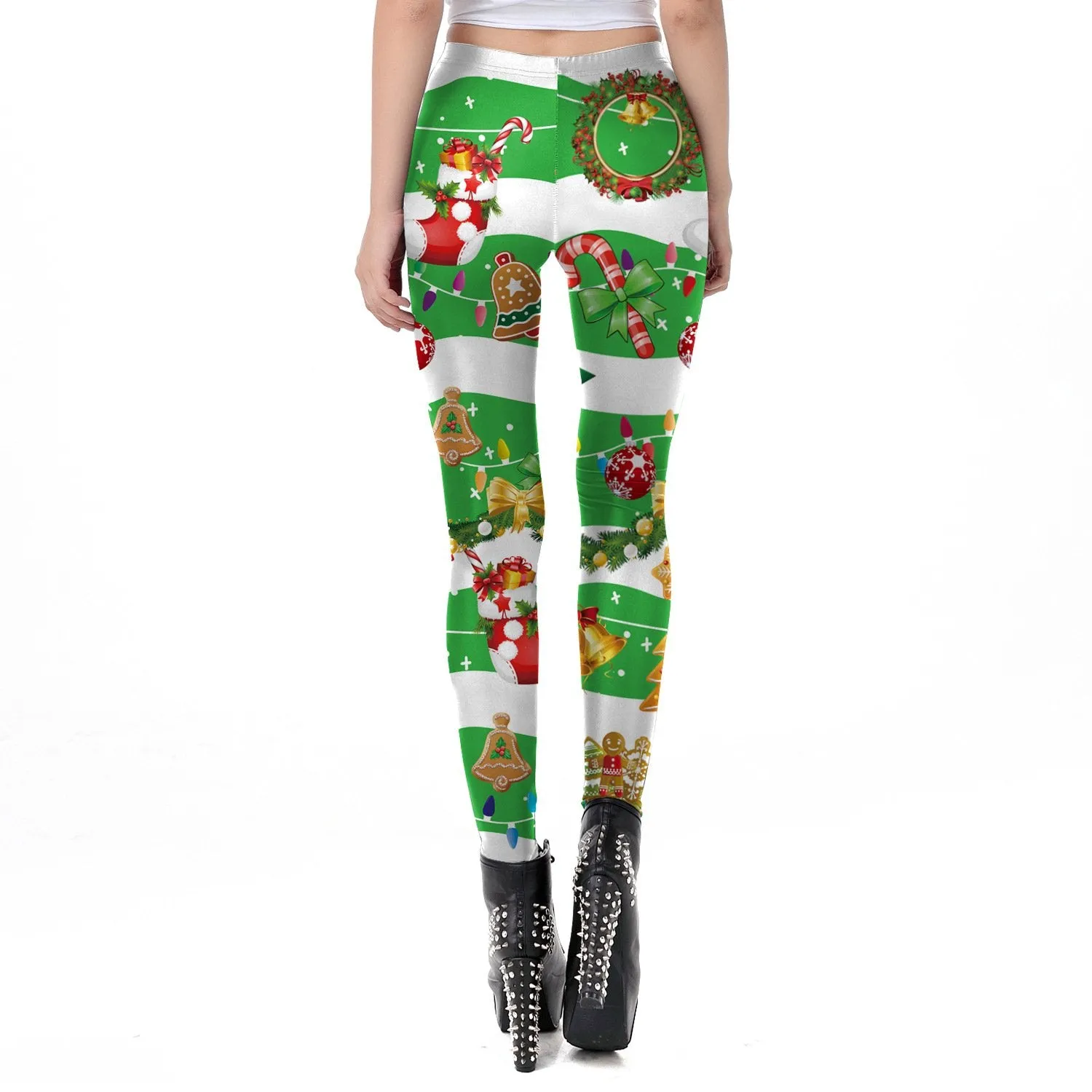 Christmas Party Print Women Mid Waist Skinny Leggings