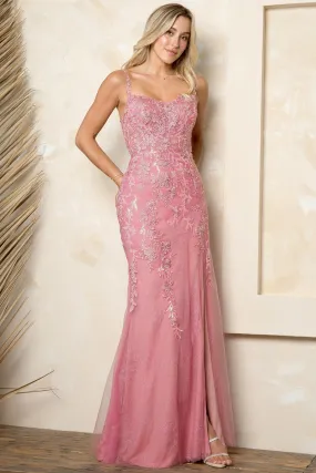 Dusty Rose Embellished Bustier Top Front Slit Sheath Dress