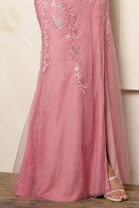 Dusty Rose Embellished Bustier Top Front Slit Sheath Dress