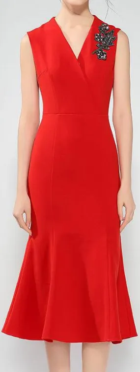 Embellished V-Neck Sheath Dress, Red