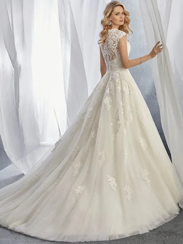 Engagement Formal Wedding Dresses Chapel Train Ball Gown Regular Straps Sweetheart Lace With Appliques