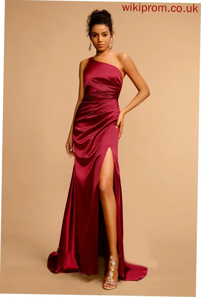 Front Split Sweep Satin With One-Shoulder Kelsey Sheath/Column Prom Dresses Train Pleated