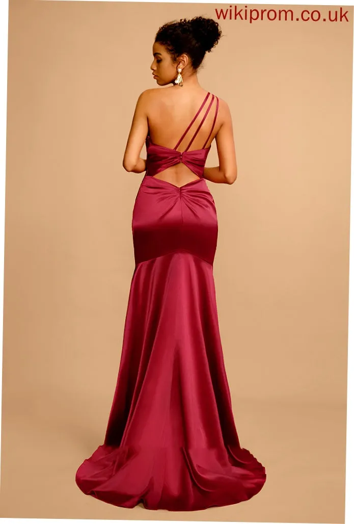 Front Split Sweep Satin With One-Shoulder Kelsey Sheath/Column Prom Dresses Train Pleated