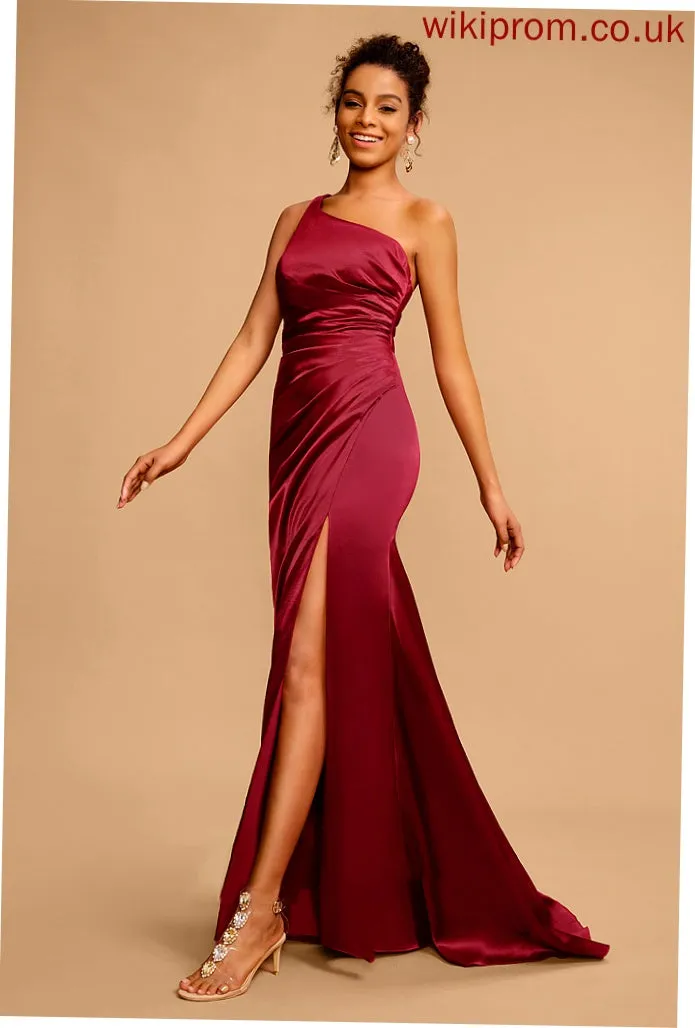 Front Split Sweep Satin With One-Shoulder Kelsey Sheath/Column Prom Dresses Train Pleated