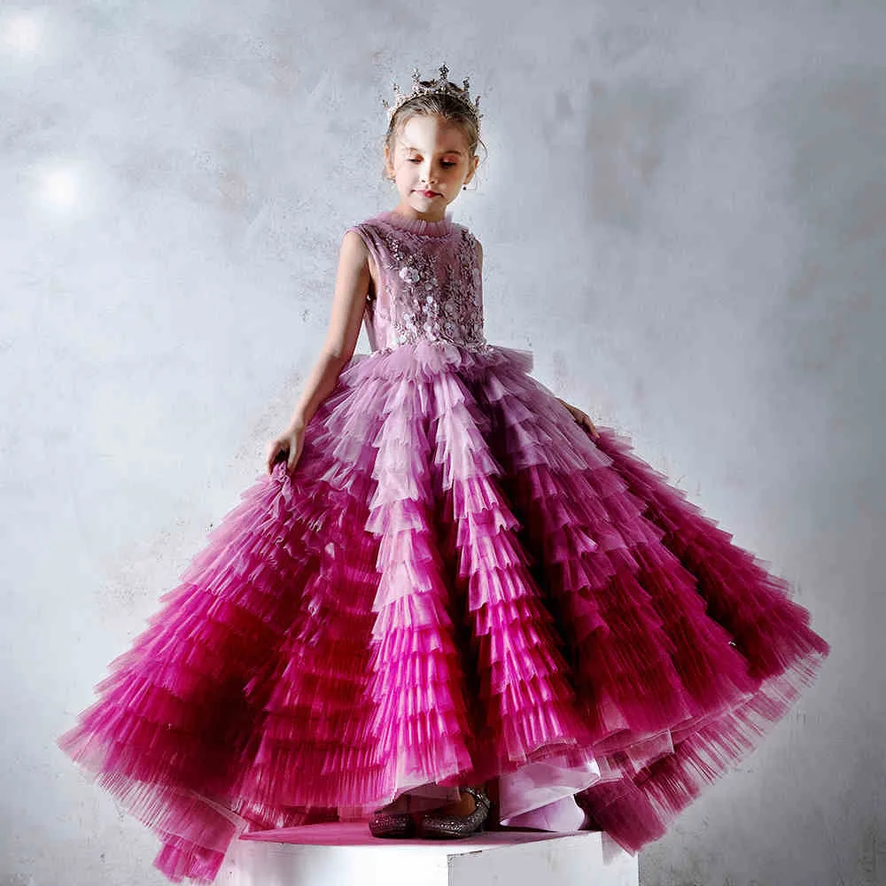 Girls Pageant Dresses Girl Sleeveless Red Gradient Fluffy Formal Dresses First Communion Dress