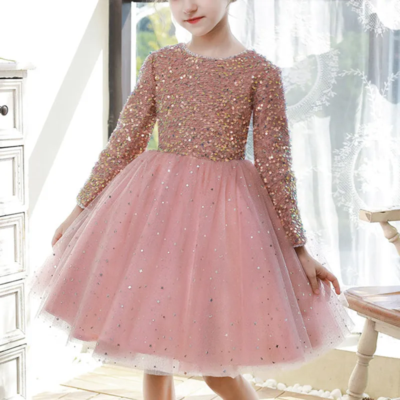 Girls Pageant Princess Dresses Baby Girl Long Sleeve Sequin Bow Party Dresses