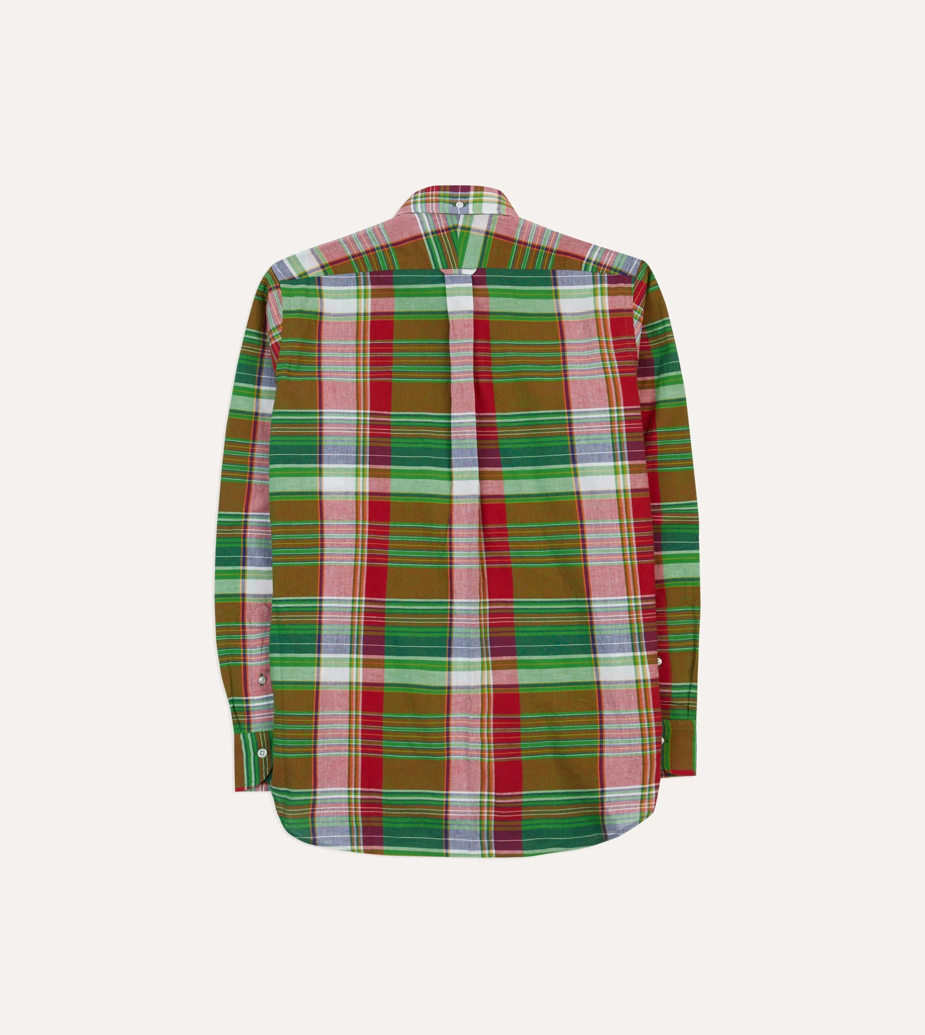 Green and Red Madras Check Cotton Button-Down Popover Shirt