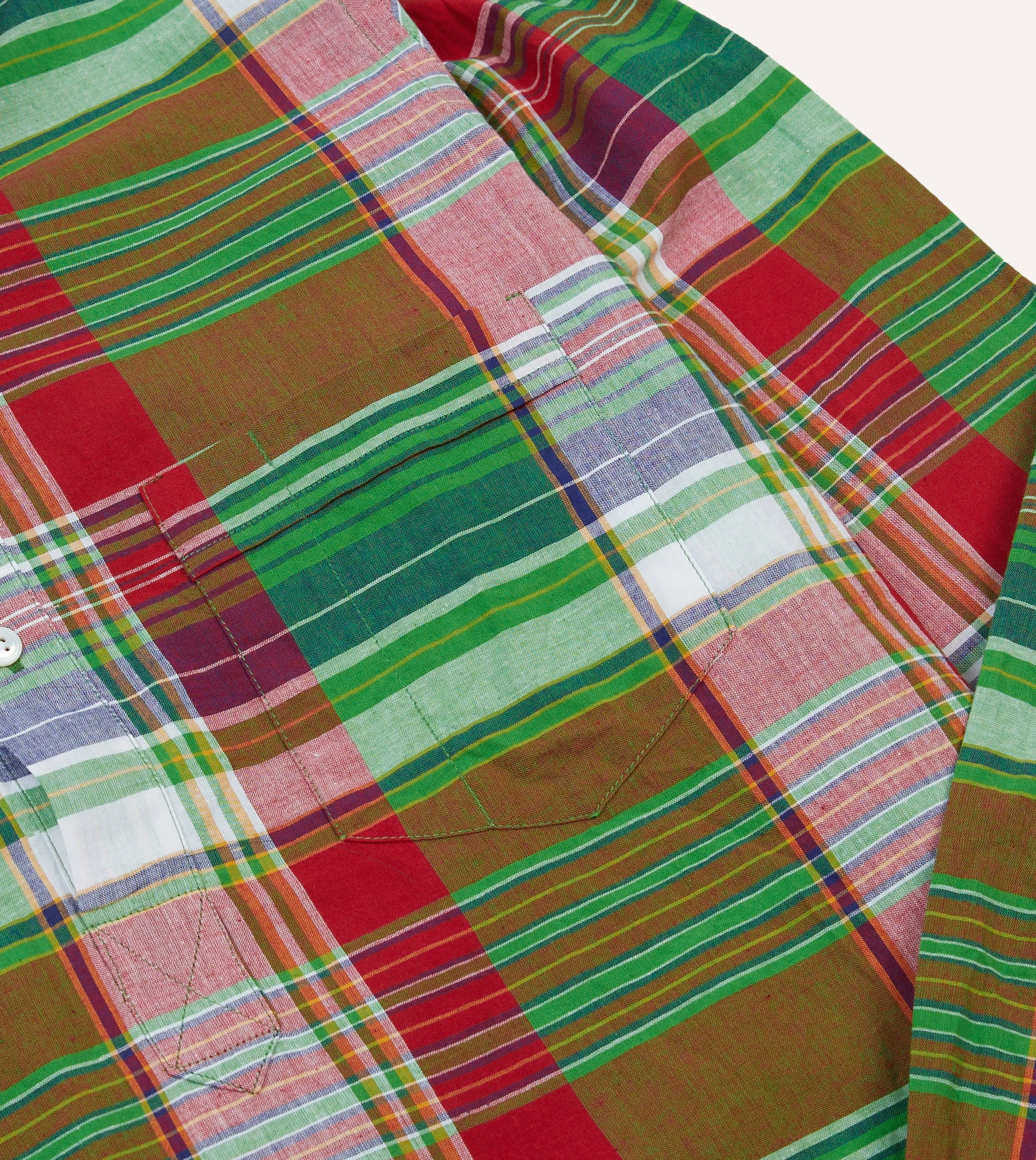 Green and Red Madras Check Cotton Button-Down Popover Shirt