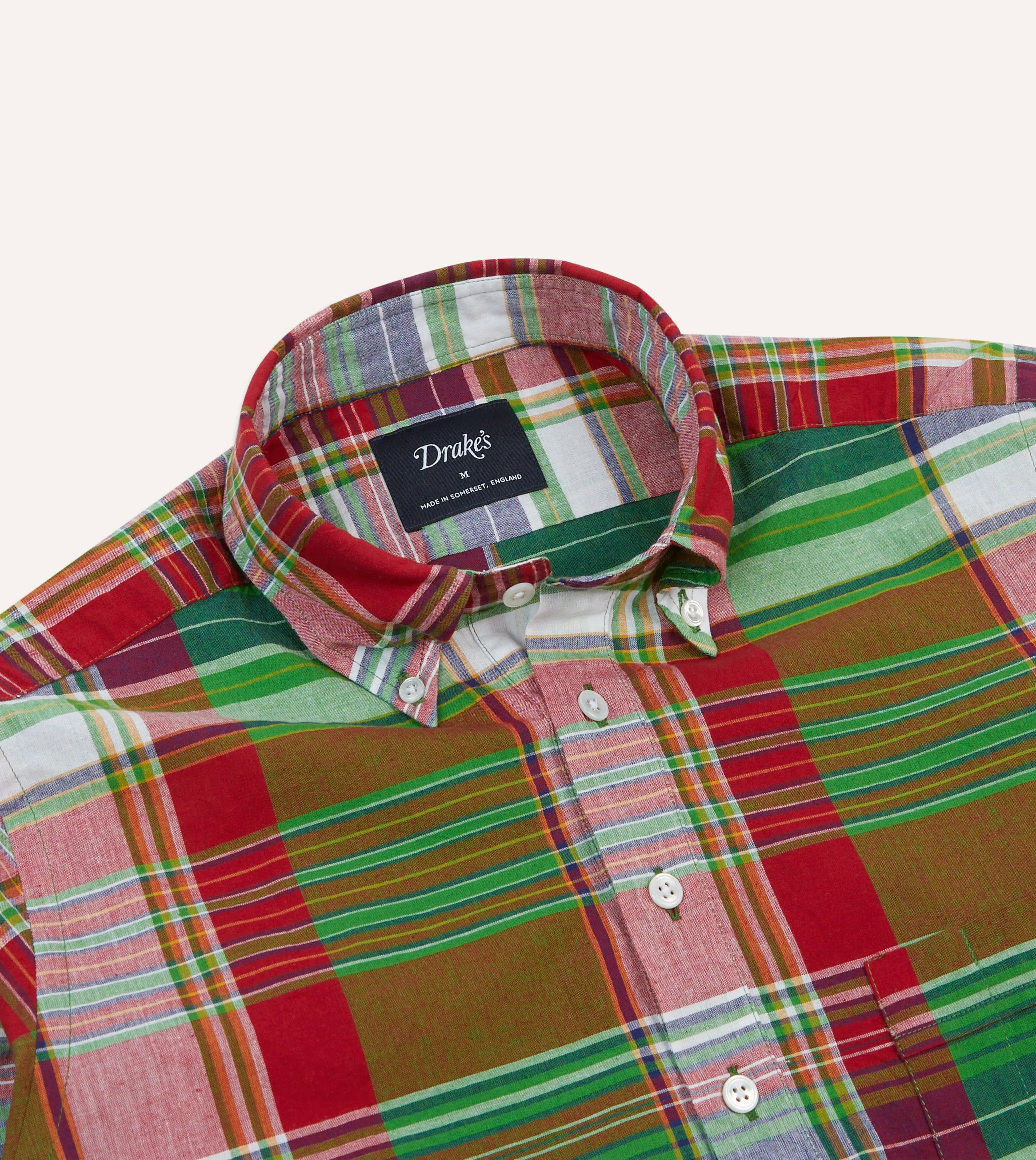 Green and Red Madras Check Cotton Button-Down Popover Shirt