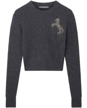 Grey Melange Embroidered Chain Horse Cropped Sweater