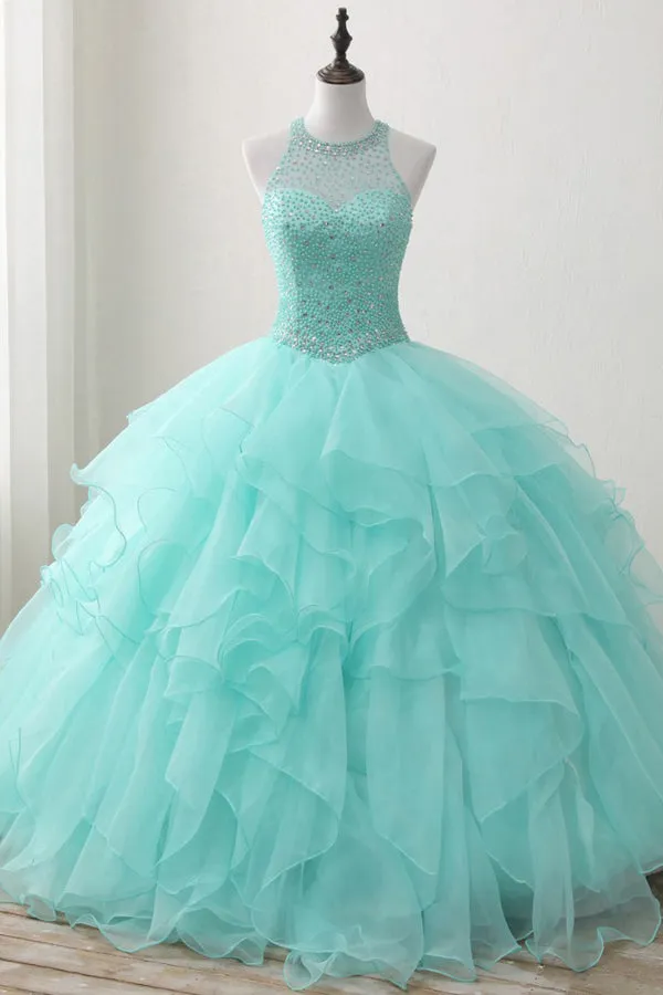 kamahe Mint Ball Gown Floor Length Halter Keyhole Back Beading Ruffles Prom Dresses