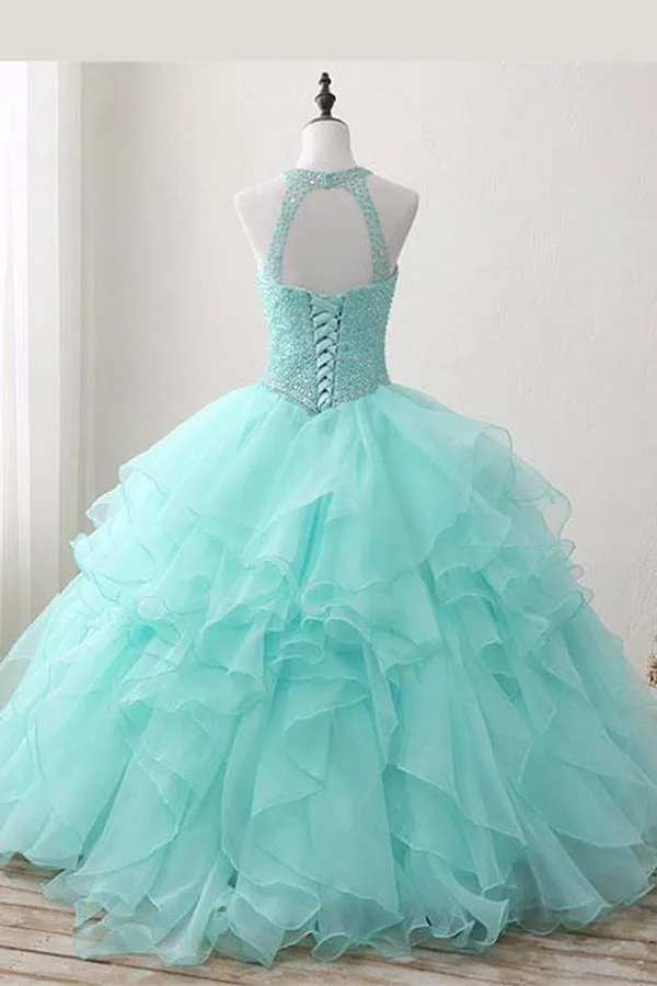 kamahe Mint Ball Gown Floor Length Halter Keyhole Back Beading Ruffles Prom Dresses