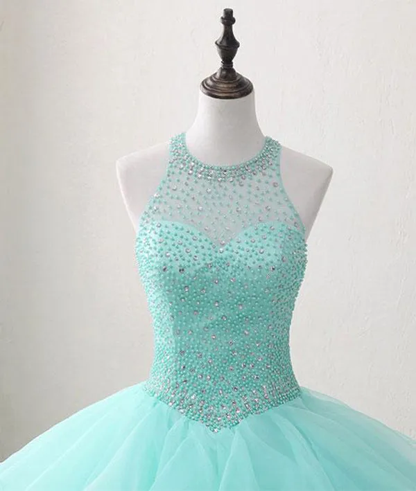 kamahe Mint Ball Gown Floor Length Halter Keyhole Back Beading Ruffles Prom Dresses