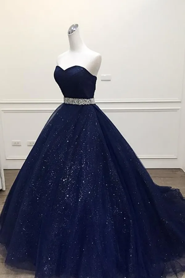 kamahe Navy Blue Ball Gown Court Train Sleeveless Mid Back Sparkle Prom Dresses