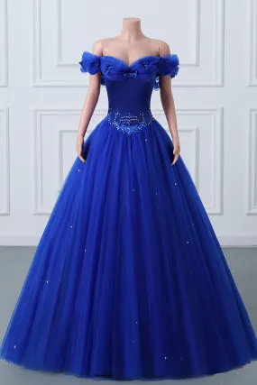 kamahe Royal Blue Off-the-shoulder Sweetheart Beaded Flowers Ball Gown Tulle Prom Dresses