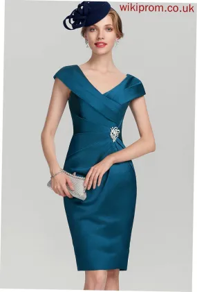 Knee-Length Dress Sheath/Column Bride of V-neck Satin With Ruffle Mother Beading Mother of the Bride Dresses the Emmalee