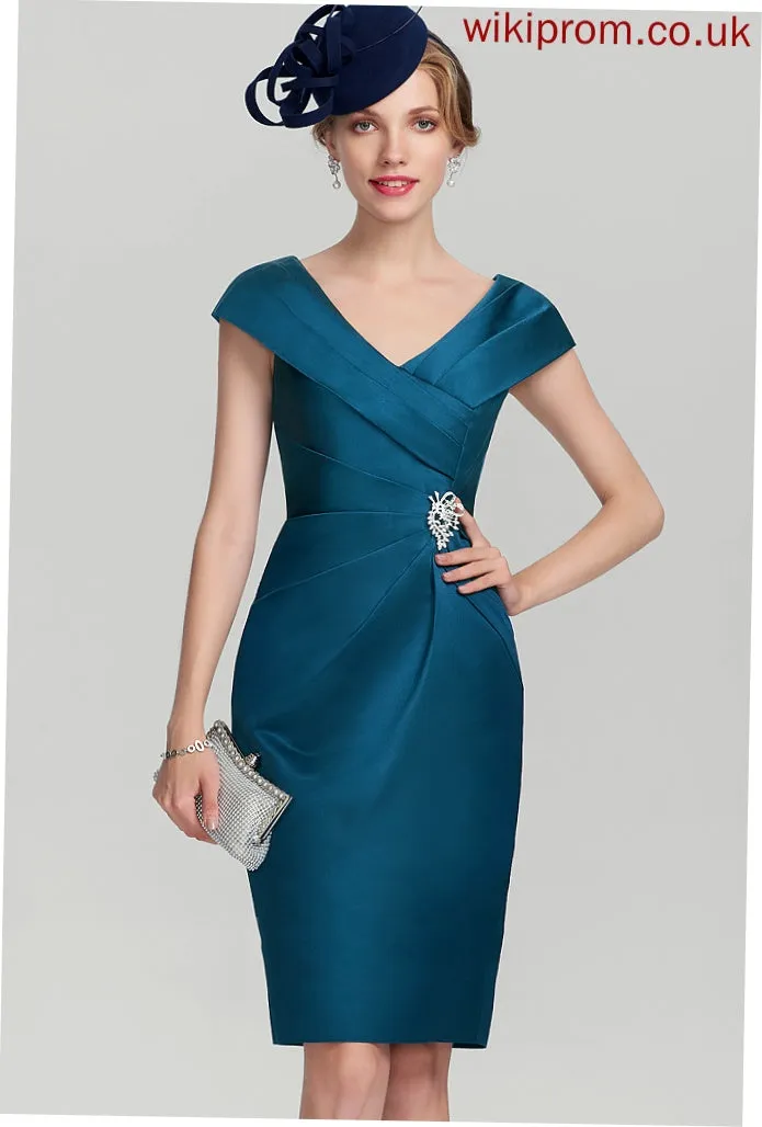 Knee-Length Dress Sheath/Column Bride of V-neck Satin With Ruffle Mother Beading Mother of the Bride Dresses the Emmalee