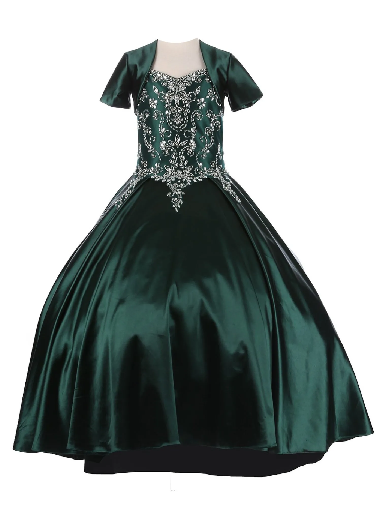 Little Girls Hunter Green Cap Shoulder Rhinestone Beaded Fringe Ball Gown 2-6