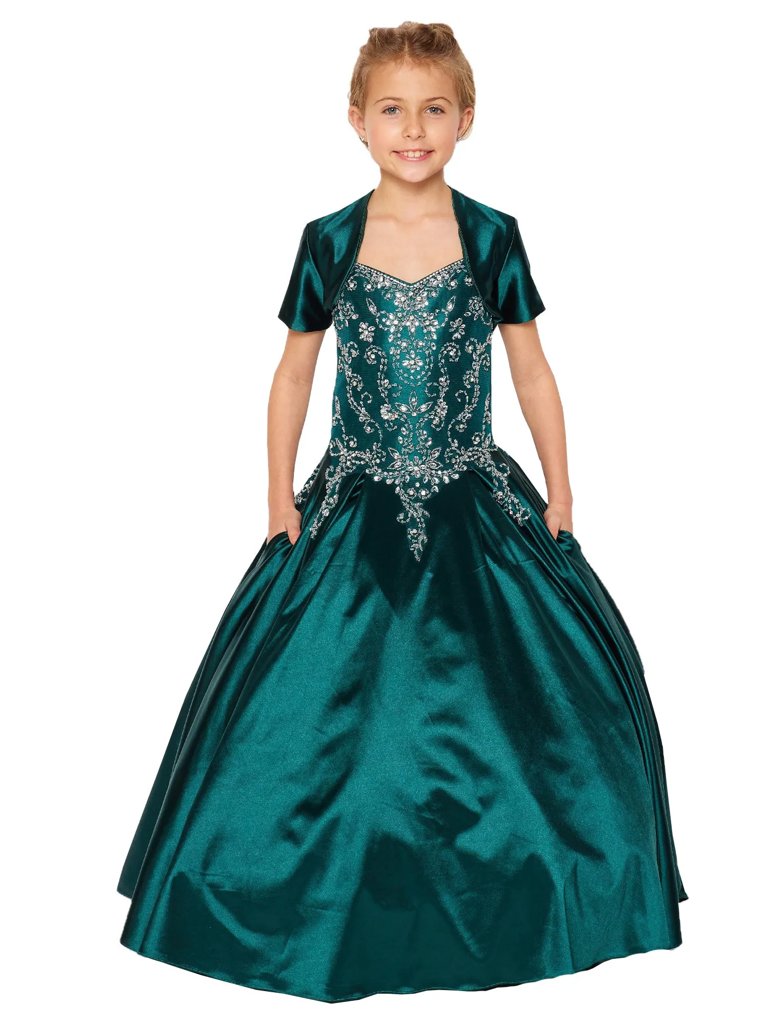 Little Girls Hunter Green Cap Shoulder Rhinestone Beaded Fringe Ball Gown 2-6