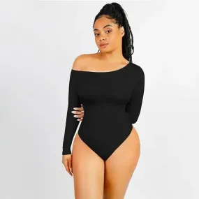 Long Sleeve Black Off Shoulder Compression Fit Bodysuit