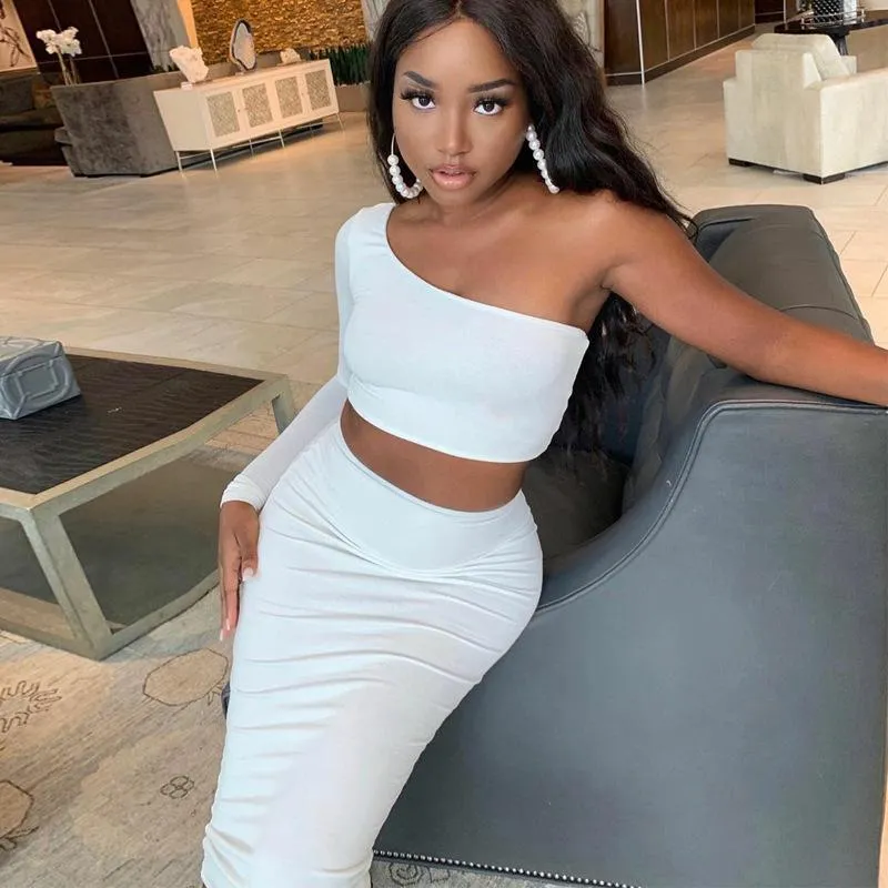 One-Shoulder Crop Top High Waist Skirt 2 Piece