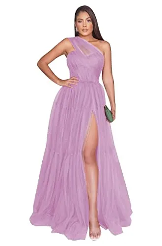 One Shoulder Tulle Prom Dress Long 2023 A Line Ball Gown with Slit Formal Dress for Women Lilac Size 12