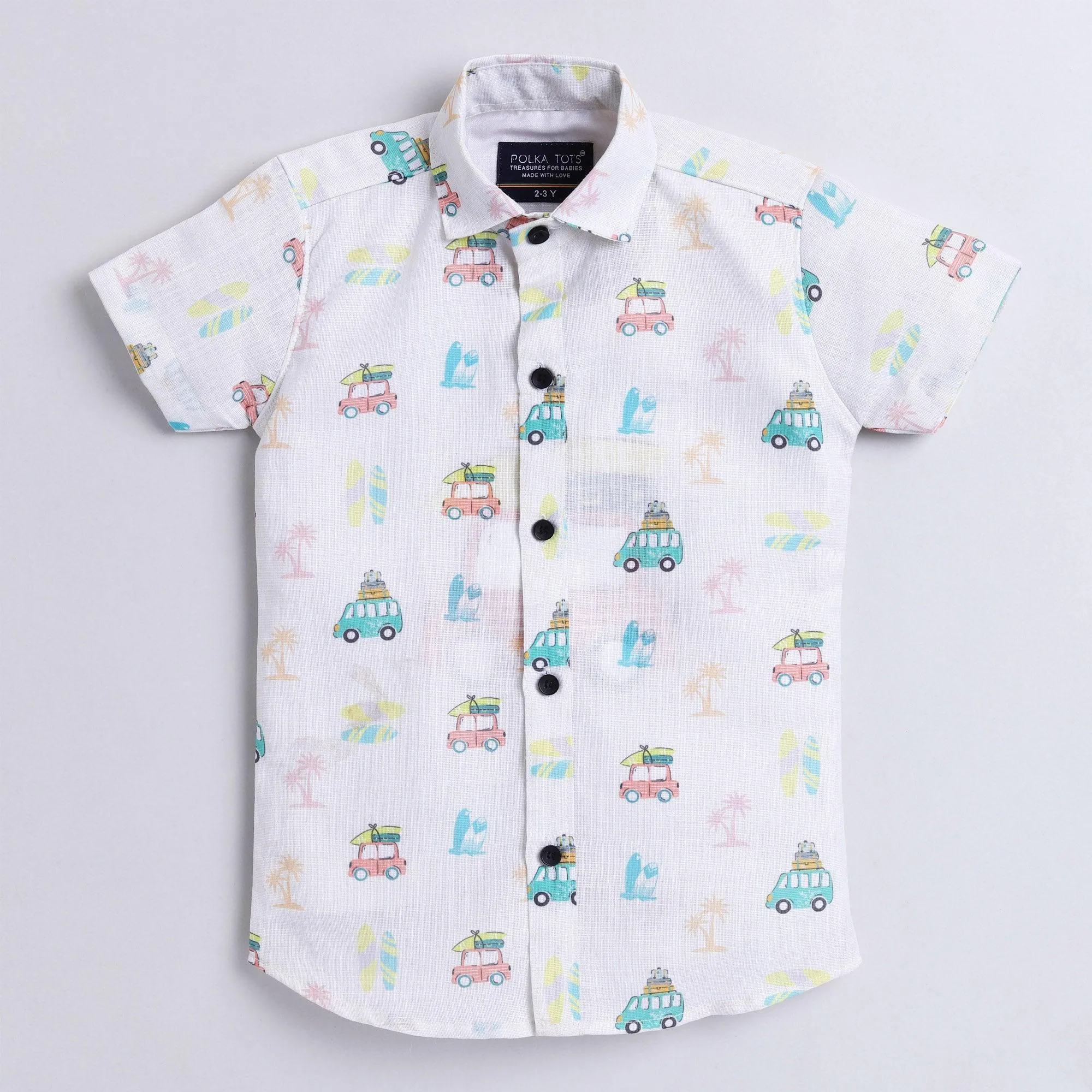 Polka Tots Full Half Sleeve Shirt With Inside Tshirt Beach Car Print - White