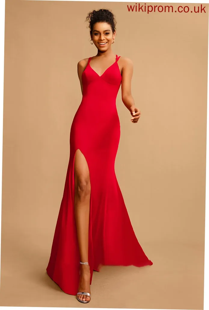 Prom Dresses Sheath/Column Sweep V-neck Train Marin Jersey