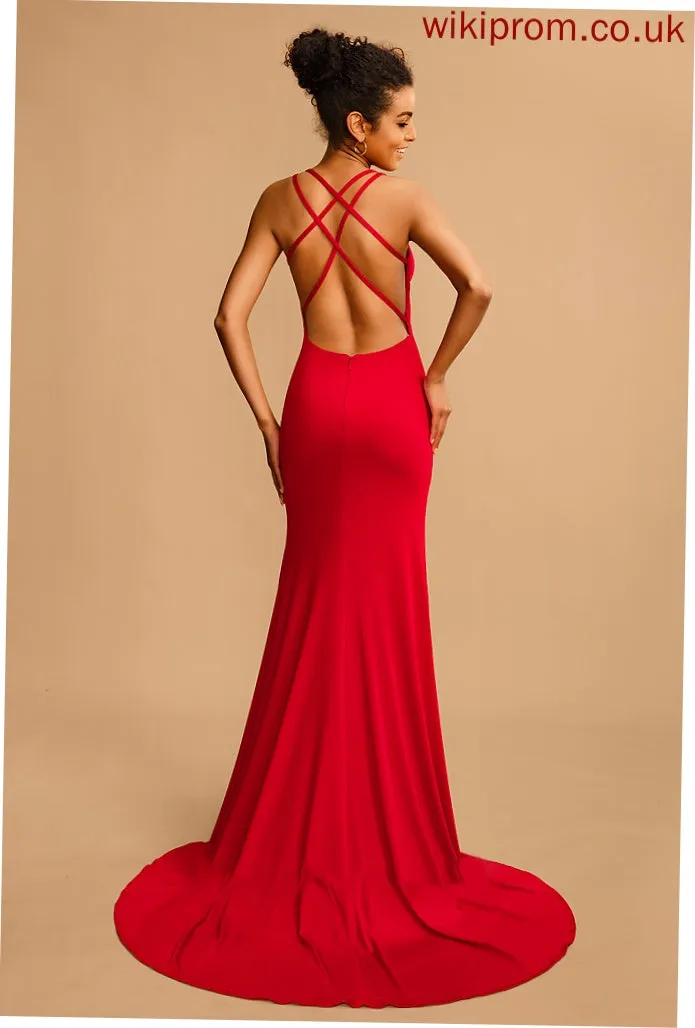 Prom Dresses Sheath/Column Sweep V-neck Train Marin Jersey