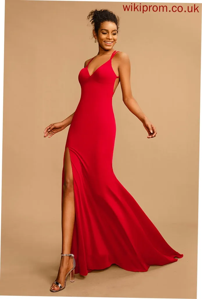 Prom Dresses Sheath/Column Sweep V-neck Train Marin Jersey