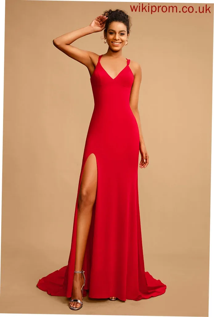 Prom Dresses Sheath/Column Sweep V-neck Train Marin Jersey