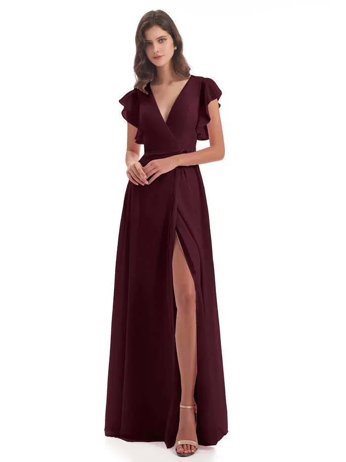 Sheath Floor Length V-Neck Chiffon Ruffles Bridesmaid Dresses With Slit