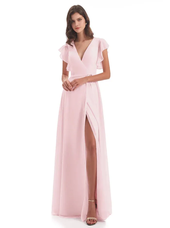 Sheath Floor Length V-Neck Chiffon Ruffles Bridesmaid Dresses With Slit