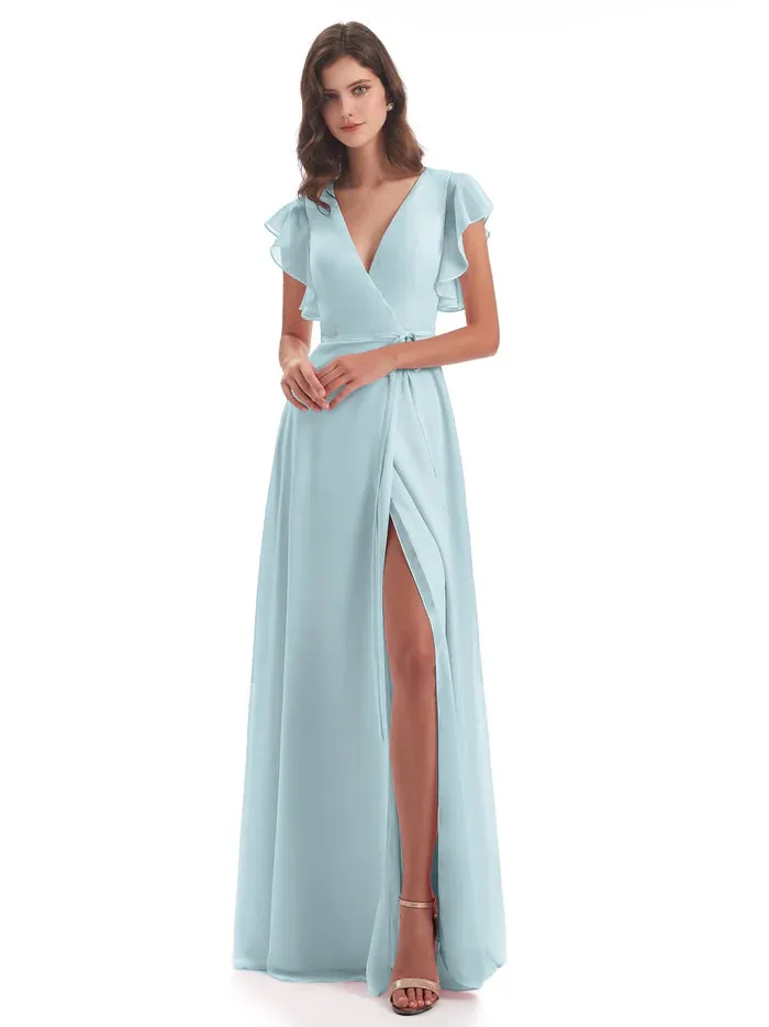 Sheath Floor Length V-Neck Chiffon Ruffles Bridesmaid Dresses With Slit