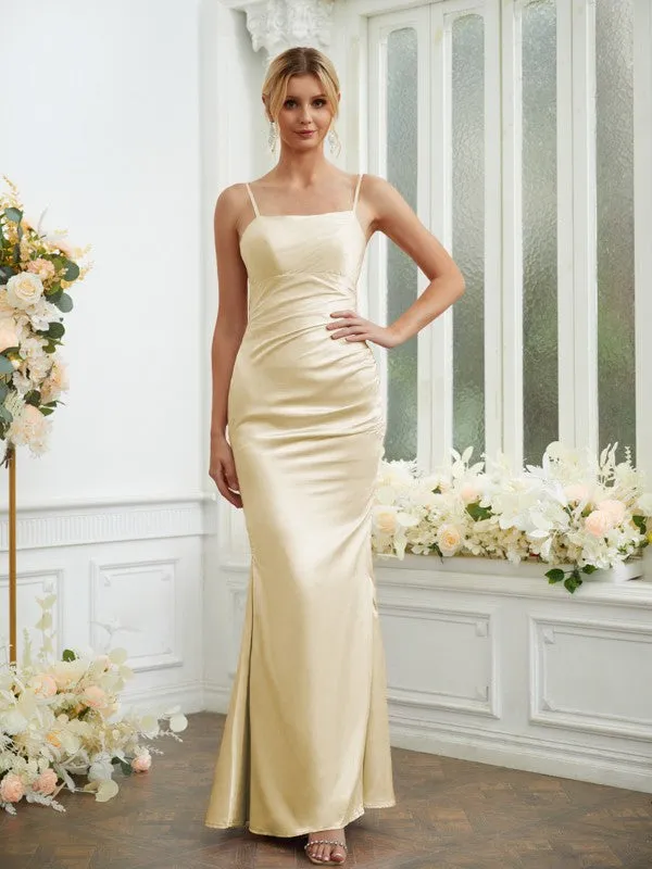 Sheath/Column Silk like Satin Ruched Spaghetti Straps Sleeveless Floor-Length Bridesmaid Dresses