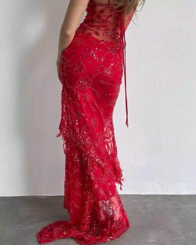 Spaghetti Straps Red Long Prom Dresses Sheath Evening Dress 2451